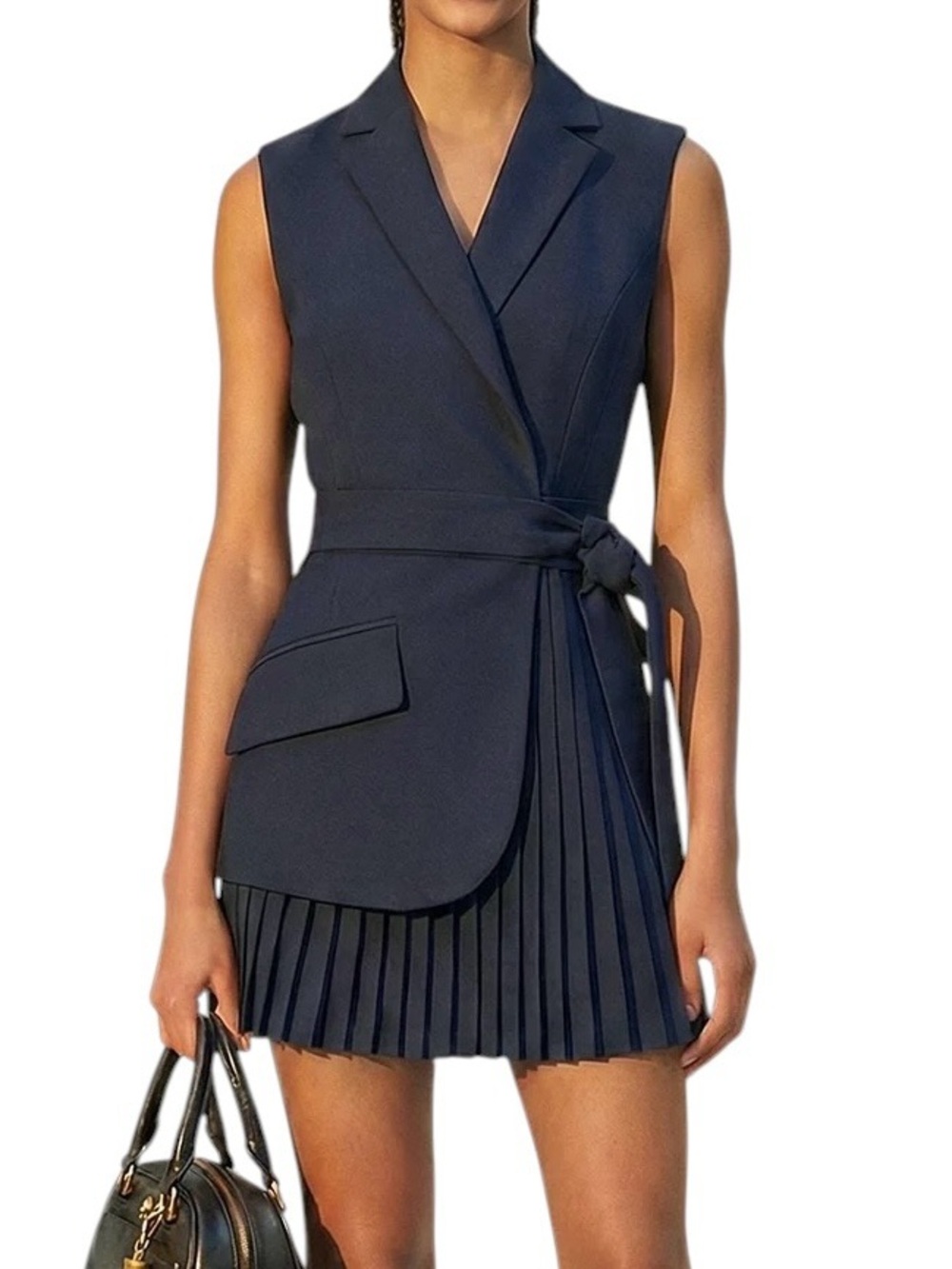 Commense Navy Blue Pleated Blazer Mini Dress Sleeveless XS NWT Tie Waist